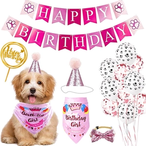 Pink dog birthday party set with banner, sequin hat, bandana, balloons and cake topper