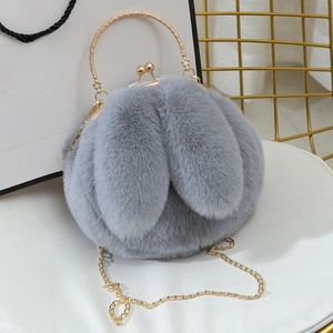 Cute grey plush rabbit ear crossbody bag with metal handles and chain strap