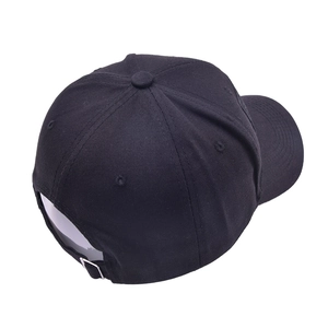 Detail of classic black baseball cap featuring an adjustable metal buckle and six-panel crown
