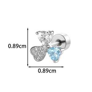 Exquisite silver heart and blue zircon stud earring measuring 0.89cm for cartilage piercing