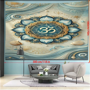 Vue détaillée d'une grande tapisserie murale mandala bleu et or de 300x180 cm