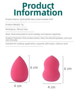 Detailed size chart for pink non-latex beauty sponges showing dimensions and weight