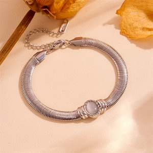 Detailed view of silver stainless steel snake chain bracelet with opal stone and extension