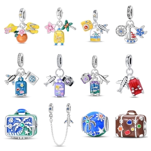 Travel Vacation Airplane Suitcase Charms Silver Plated Enamel Zircon Dangle Pendants DIY Jewelry Accessories For Bracelet