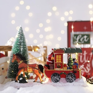 Christmas LED warm light horse carriage decor with Santa Claus on snowy base