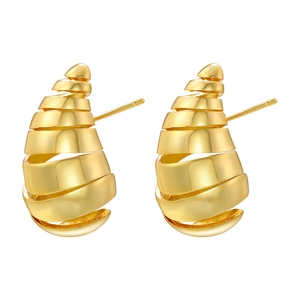 Minimalist golden spiral stud earrings with polished metallic seashell-inspired texture