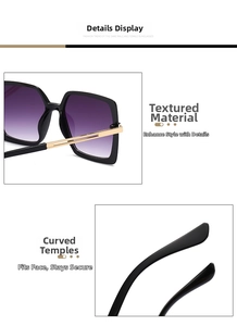 Detailed macro view of square black sunglasses with purple gradient lenses and gold hinges
