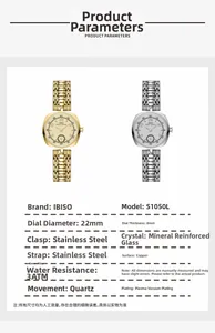 Detailed specs of square dial women watch with 22mm diameter and steel mesh strap