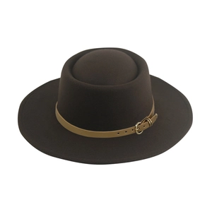 Close-up of the vintage wool felt fedora with a tan leather belt and gold buckle