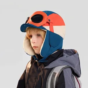 Kids winter aviator hat with goggles and fleece lining for windproof warmth in navy blue