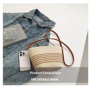 Detail of beige woven tote bag with brown stripes styled with denim and lifestyle items