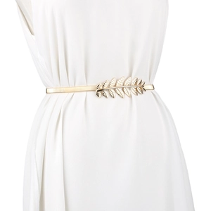 Elegant gold metal spring elastic waist belt featuring a decorative leaf-shaped buckle
