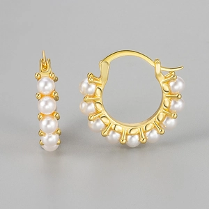Elegant gold hoop earrings with multiple white pearls shown in front and side view