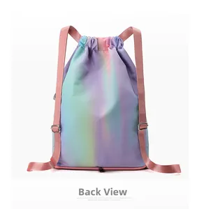 Back view of waterproof gradient drawstring backpack showing adjustable pink straps and bottom zipper