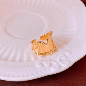 Minimalist wide wave gold open ring with irregular irregular liquid metal design