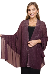 Detail of dark purple chiffon shawl with sparkling sequins for elegant evening wear