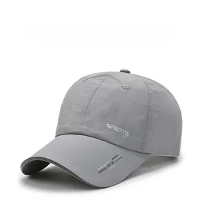 Detail view of quick-dry baseball cap with SPORTS embroidery and breathable fabric texture