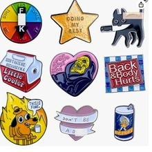 Funny cartoon alloy badges for backpacks featuring various slogans and cute designs