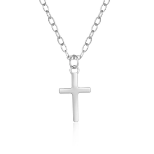 Polished silver cross pendant necklace with mirror reflection on white background