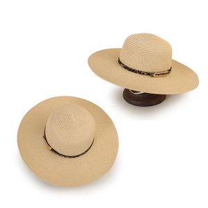 Beige wide-brim straw sun hat with leopard print belt and metal buckle for summer beach