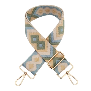 Detail of 5cm diamond jacquard woven bag strap with golden metal alloy hooks