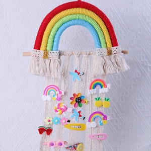 Handwoven rainbow wall hanging storage for hair clips with cotton lace ribbons