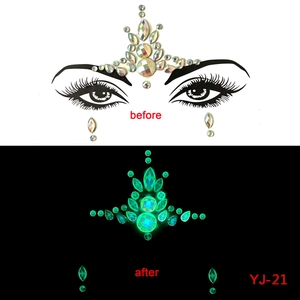 Detail of glow-in-the-dark face gems showing before and after effect in daylight and darkness