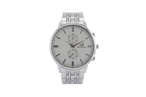 Detailed close-up of ORLANDO men's watch featuring a silver band and white dial