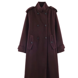 Elegant burgundy double-breasted long coat for women with classic epaulettes and stand collar