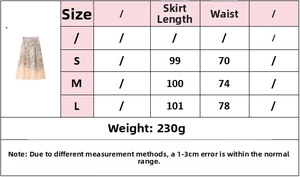Guide des tailles pour jupe fleurie détaillant longueur et taille pour S, M, L