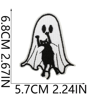 Detail of Halloween ghost cat embroidery patch showing size 6.8cm height and 5.7cm width