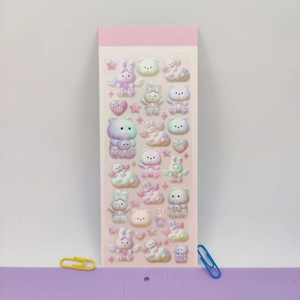 Cute 3D laser puffy stickers with pastel bears and rabbits for cartoon journals