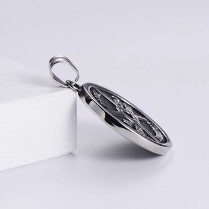 Vintage round metal pendant necklace with cross texture and antique silver finish for men