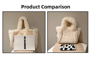 Comparaison de taille du sac cabas en peluche blanc crème avec texture en fausse fourrure