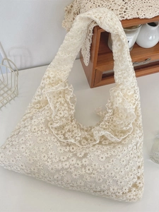 French style cream lace daisy embroidery tote bag with romantic ruffle trim for women