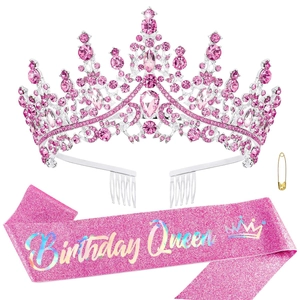 Pink Birthday Queen glitter sash and silver rhinestone tiara set for party decorations