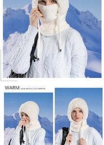 Cream knit balaclava hat with fleece lining and faux fur trim for winter warmth
