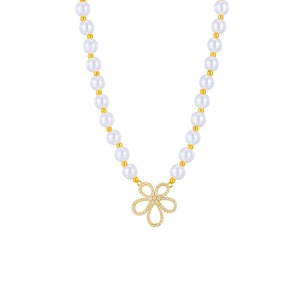 18k gold plated pearl necklace with a hollow flower pendant and sparkling crystals