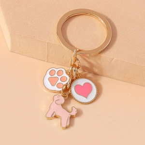 Cute cartoon cat paw and pink dog metal keychain with heart tag charm for bags