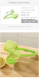 Detail view of green ABS fruit slicer on wooden board with lemon slices and dimensions