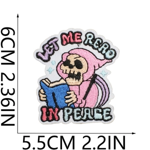 Cartoon skeleton reading book embroidery patch with 'LET ME READ IN PEACE' text