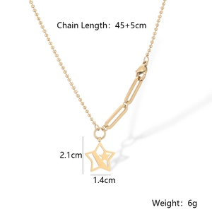 Detail view of gold star pendant necklace with dimensions 2.1x1.4cm and beaded chain link