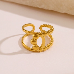 Minimalist double layer adjustable 18K gold plated stainless steel ring with bead details