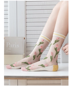 Detail of sheer tulip embroidery on mesh crew socks with reinforced pink toes
