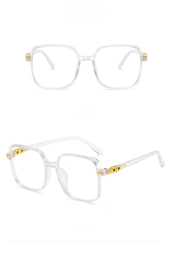 Detail of transparent large frame glasses with gold metal hinges shown from multiple angles