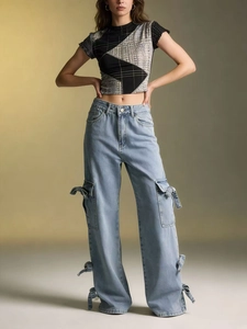 Women Cargo Jeans Light Blue Cotton Denim Mid Waist Wide Leg Pockets Bow Lace Up Casual Streetwear Pants