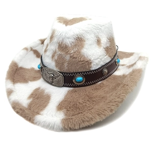 Detail of western cow print felt hat with turquoise stone and bull head metal buckle