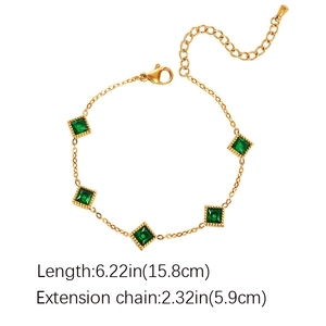 French vintage titanium steel gold bracelet with square green gemstones and chain dimensions