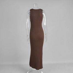 Detail view of the brown knit maxi dress featuring a slim fit ribbed texture and open back