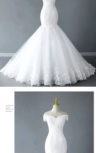 Detail of elegant off-shoulder white lace mermaid bridal gown with intricate embroidery